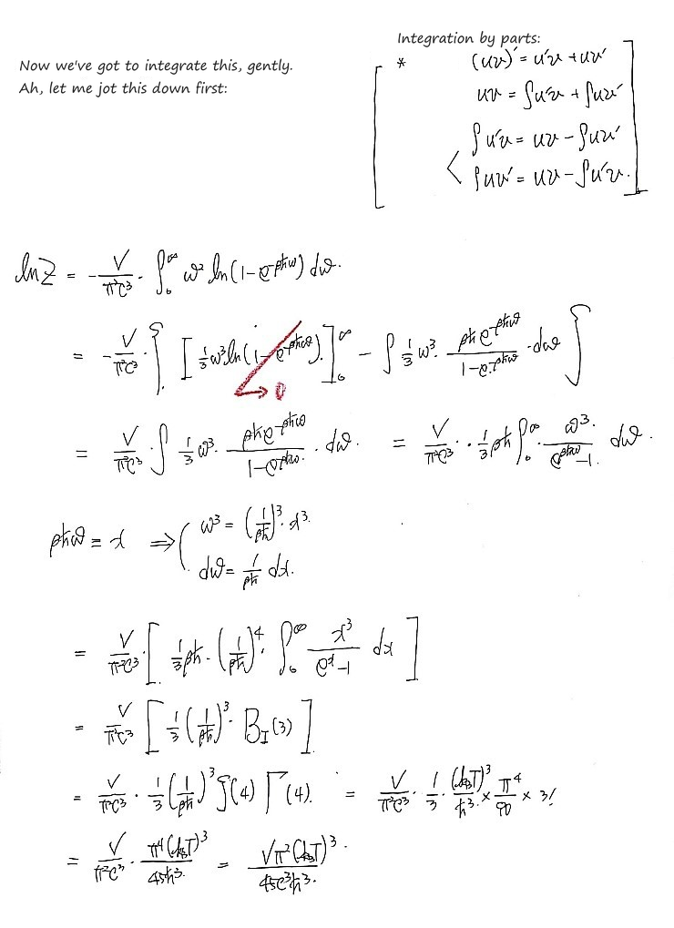 Integrating by parts: the boundary term vanishes, so ln Z = (V/3π²c³)βħ∫ω³ dω/(e^(βħω) − 1) = (V/3π²c³)(k_BT/ħ)³Γ(4)ζ(4) = Vπ²(k_BT)³/(45c³ħ³)