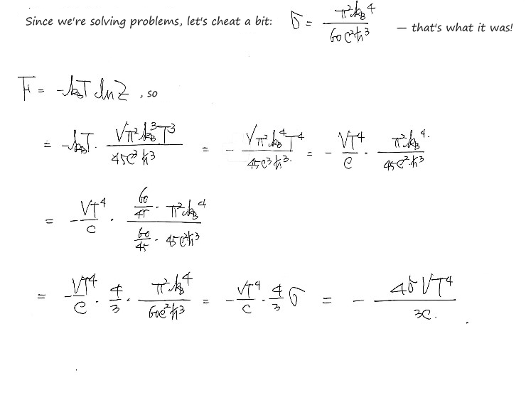 F = −k_BT ln Z = −(VT⁴/c)·π²k_B⁴/(45c²ħ³) = −4σVT⁴/3c, borrowing σ = π²k_B⁴/(60c²ħ³)
