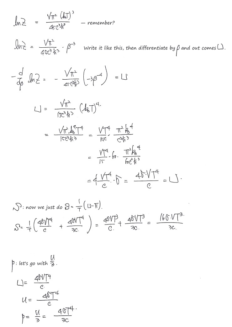 U = −∂ln Z/∂β = Vπ²(k_BT)⁴/(15c³ħ³) = 4σVT⁴/c, then S = (U − F)/T = 16σVT³/3c, and p = u/3 = 4σT⁴/3c