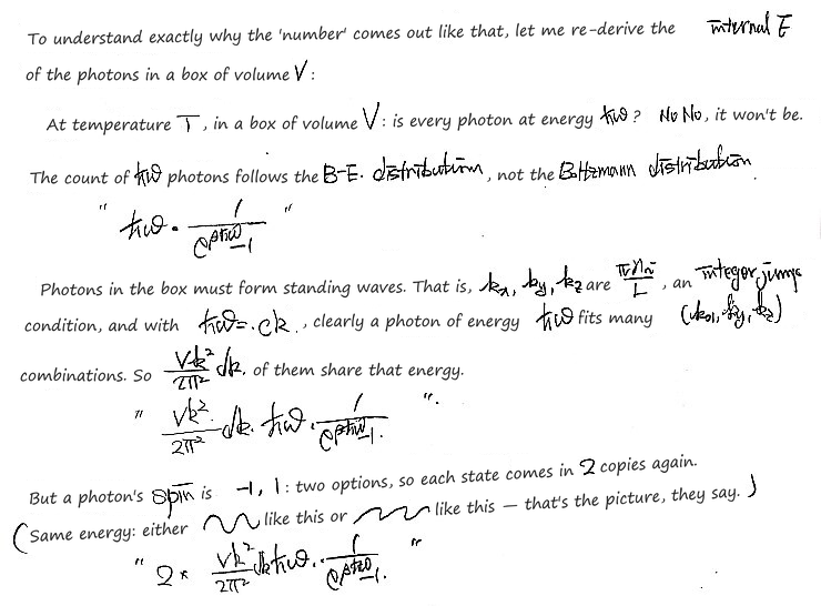 Where the count comes from: photons in the box form standing waves with k = nπ/L, so (Vk²/2π²)dk states have frequency ω = ck and energy ħω = ħck, the number in each follows the Bose-Einstein distribution 1/(e^(βħω) − 1), and the photon&rsquo;s two spin states double it