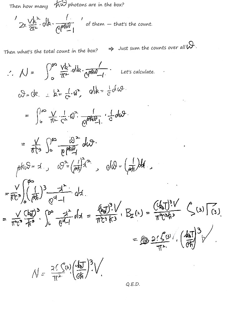 Summing over all ω: N = ∫(Vk²/π²)dk/(e^(βħω) − 1), and with ω = ck this is (V/π²c³)(k_BT/ħ)³Γ(3)ζ(3) = (2ζ(3)/π²)(k_BT/ħc)³V