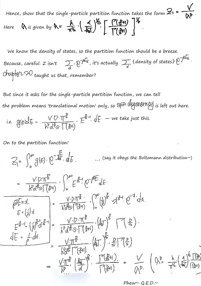 Then show that Z₁ = V/λ^D with λ = (h/√π)(α/k_BT)^(1/s)(Γ(D/2+1)/Γ(D/s+1))^(1/D): leaving out the spin degeneracy, Z₁ = ∫g(E)e^(−E/k_BT)dE, and with βE = x the integral is (k_BT)^(D/s)Γ(D/s), which gives V/λ^D