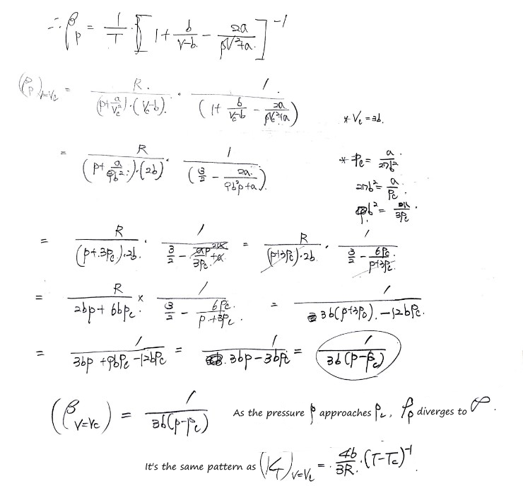At the critical volume V_c = 3b, with p_c = a/27b²: β_p comes out proportional to 1/(p − p_c), so it diverges as the pressure approaches p_c, the same pattern as κ_T = (4b/3R)(T − T_c)⁻¹ at V_c