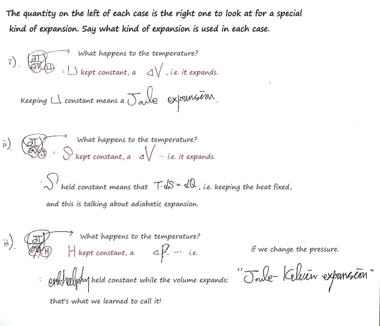 Which expansion each one describes: (∂T/∂V)_U holds U fixed, a Joule expansion; (∂T/∂V)_S holds S fixed and describes a reversible adiabatic expansion; (∂T/∂p)_H holds H fixed, the Joule-Kelvin expansion