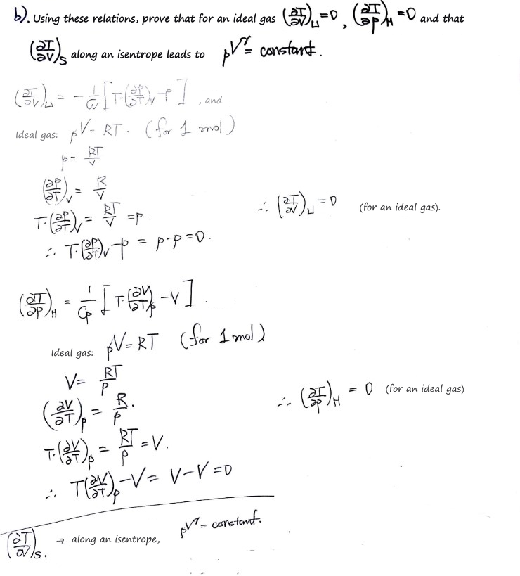 Prob 27.1 b): for an ideal gas, pV = RT makes T(∂p/∂T)_V − p = 0 and T(∂V/∂T)_p − V = 0, so (∂T/∂V)_U = 0 and (∂T/∂p)_H = 0, and along an isentrope pV^γ = constant